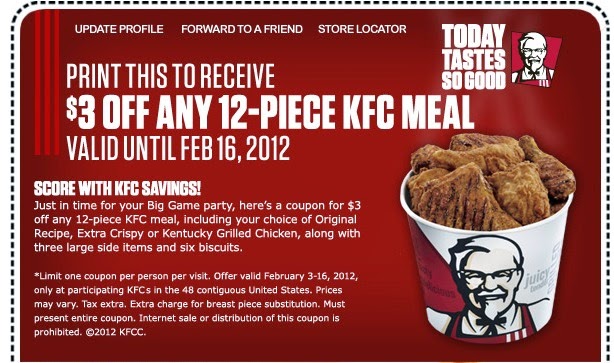 Kfc chicken only coupons You can save a ton on things such as chicken pot pie and snacks thanks to money-saving KFC coupons. Combo meals offer great value, and you can frequently find KFC promos offering things such as 10 pieces of chicken and sides for $
